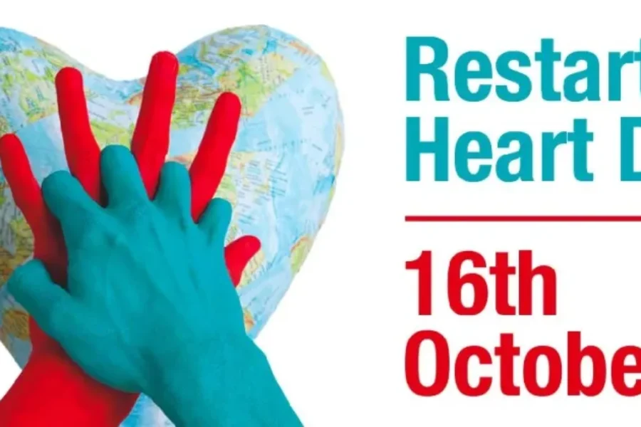 a heart shaped earth with red and blue hands overlapped with the text, restart a heart day